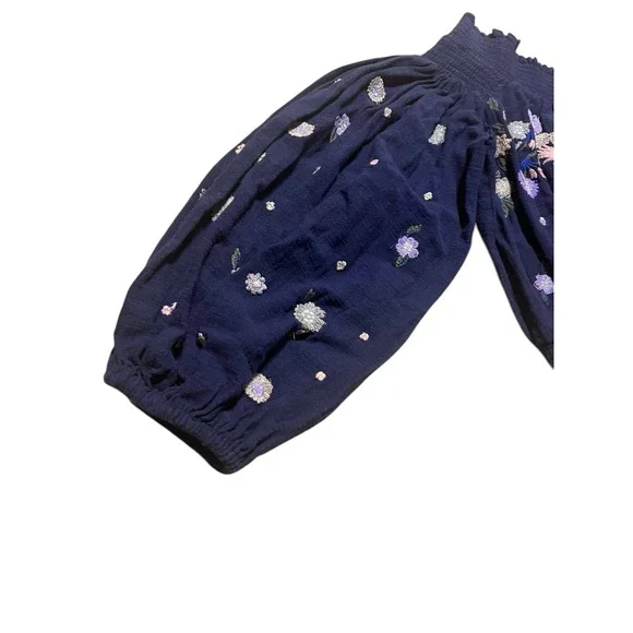 Free People Embroidered Off The Shoulder Blouse Navy Blue Floral Smocked Top S - Picture 7 of 10